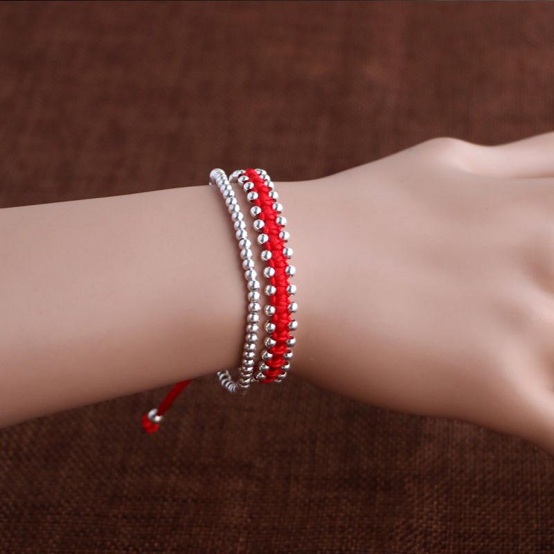 925 Sterling Silver Bead Red & Black Rope LUCKY WHEEL Bracelet