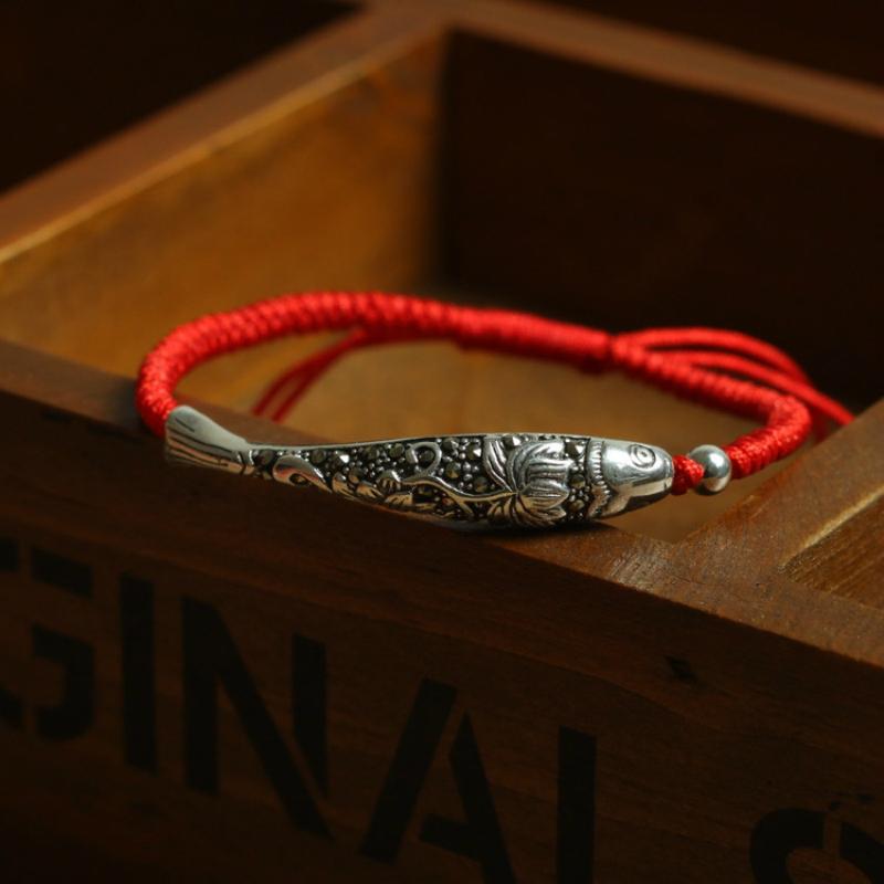 Lucky Red Rope &Sterling Silver KOI Fish LOTUS HAPPINESS Bracelet