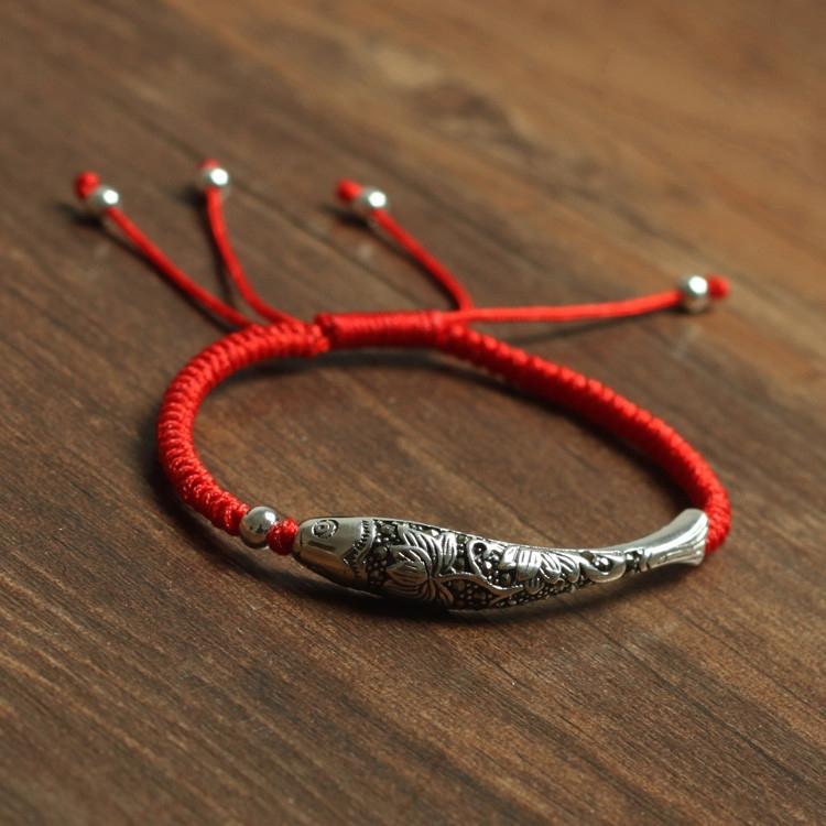 Lucky Red Rope &Sterling Silver KOI Fish LOTUS HAPPINESS Bracelet