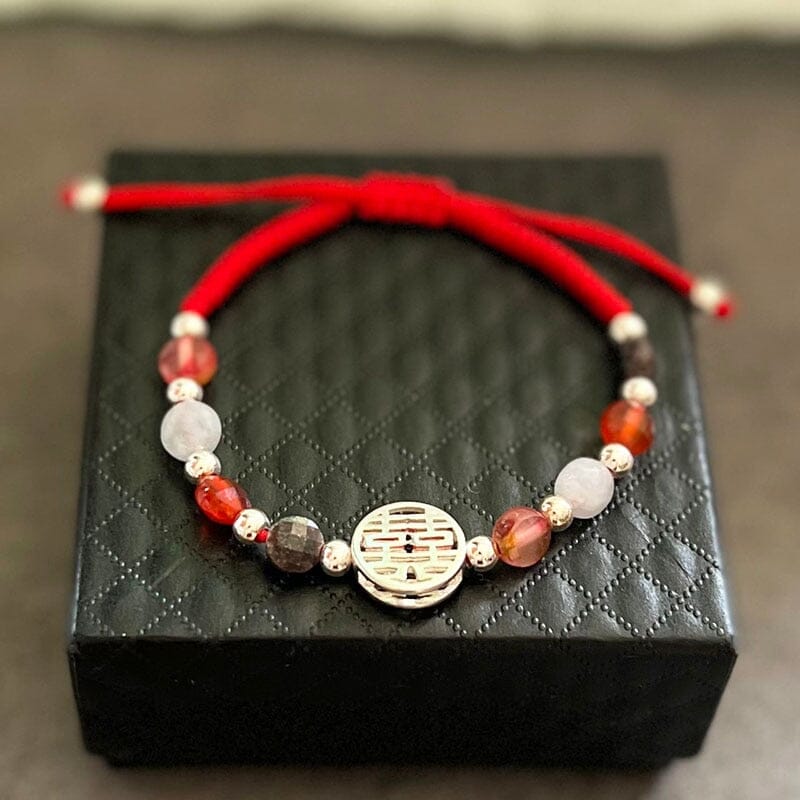 Red Rope & Silver Double Happiness Bracelet With Natural Stones