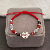 Thumbnail for Red Rope & Silver Double Happiness Bracelet With Natural Stones