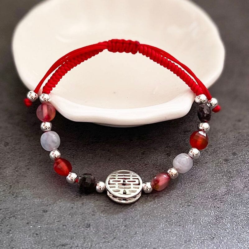 Red Rope & Silver Double Happiness Bracelet With Natural Stones