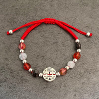 Thumbnail for Red Rope & Silver Double Happiness Bracelet With Natural Stones