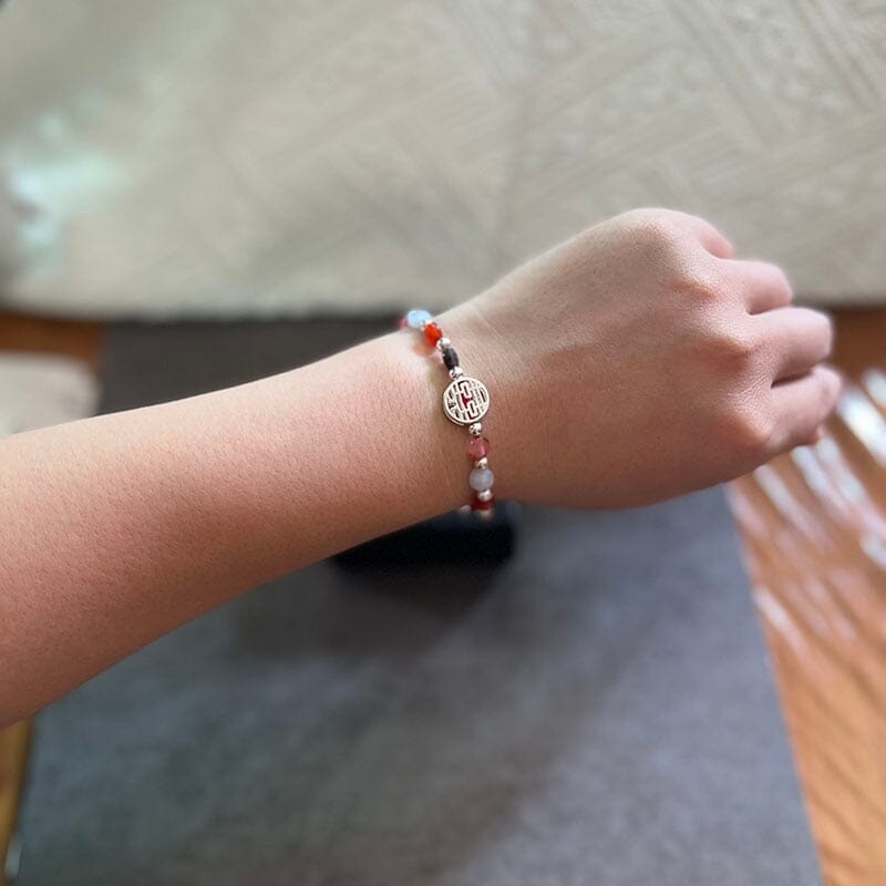 Red Rope & Silver Double Happiness Bracelet With Natural Stones