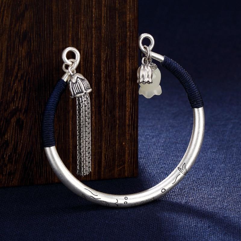 Ethnic Thai Silver Rosebud & Tassel Bangle