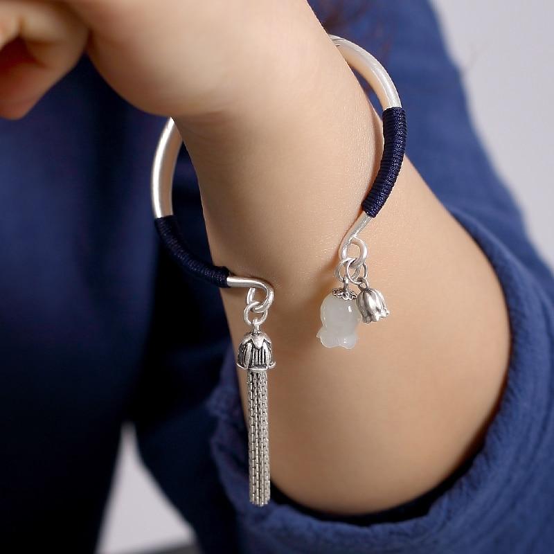 Ethnic Thai Silver Rosebud & Tassel Bangle