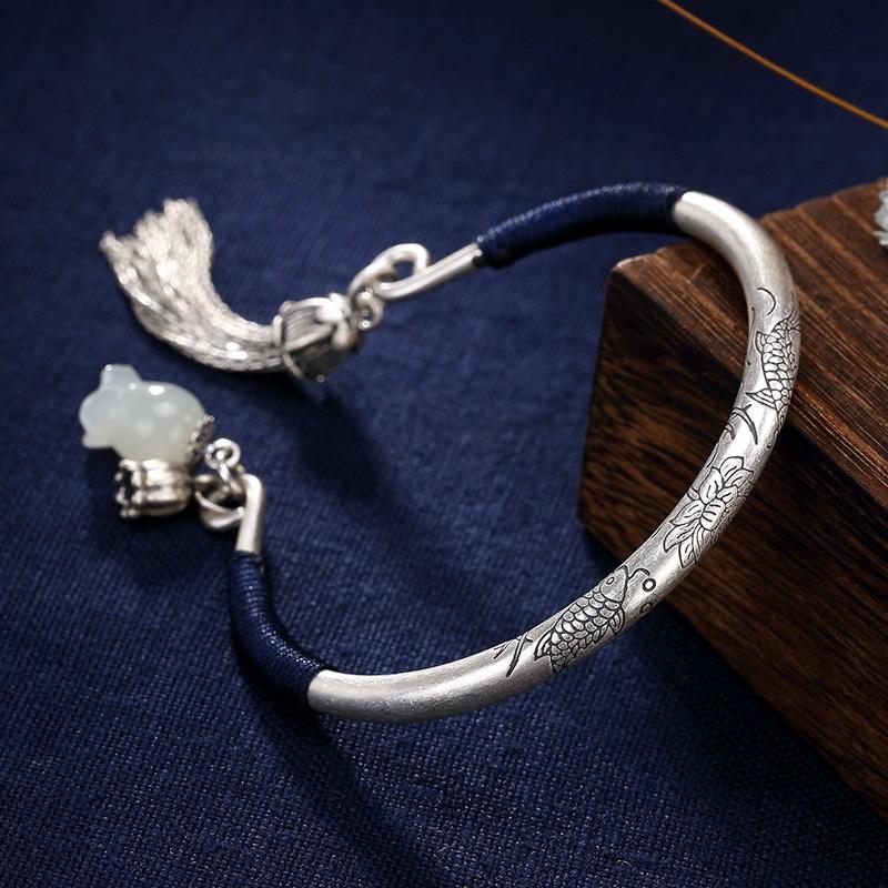 Ethnic Thai Silver Rosebud & Tassel Bangle