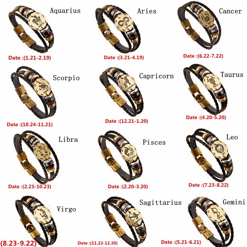 12 Constellation Zodiac Mens/Womens Leather Bracelet