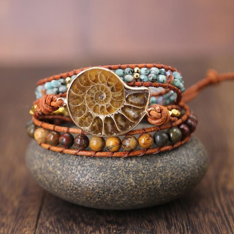 65 million year old Ammonite Fossil & Jasper Stone NURTURING Wrap Bracelet