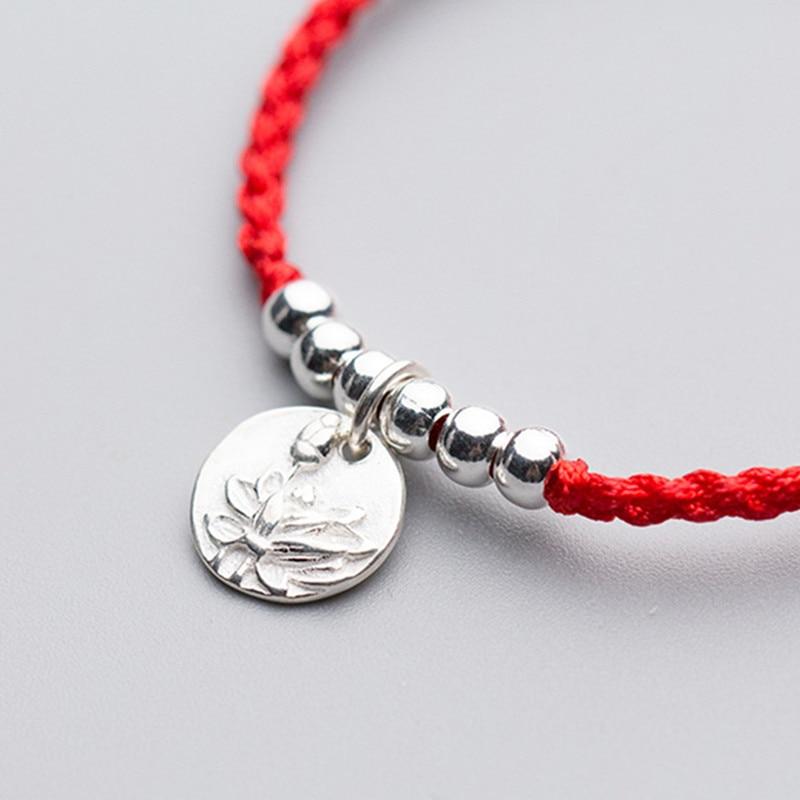 Sterling Silver LOTUS FLOWER 'PATIENCE'  Red Rope Bracelet