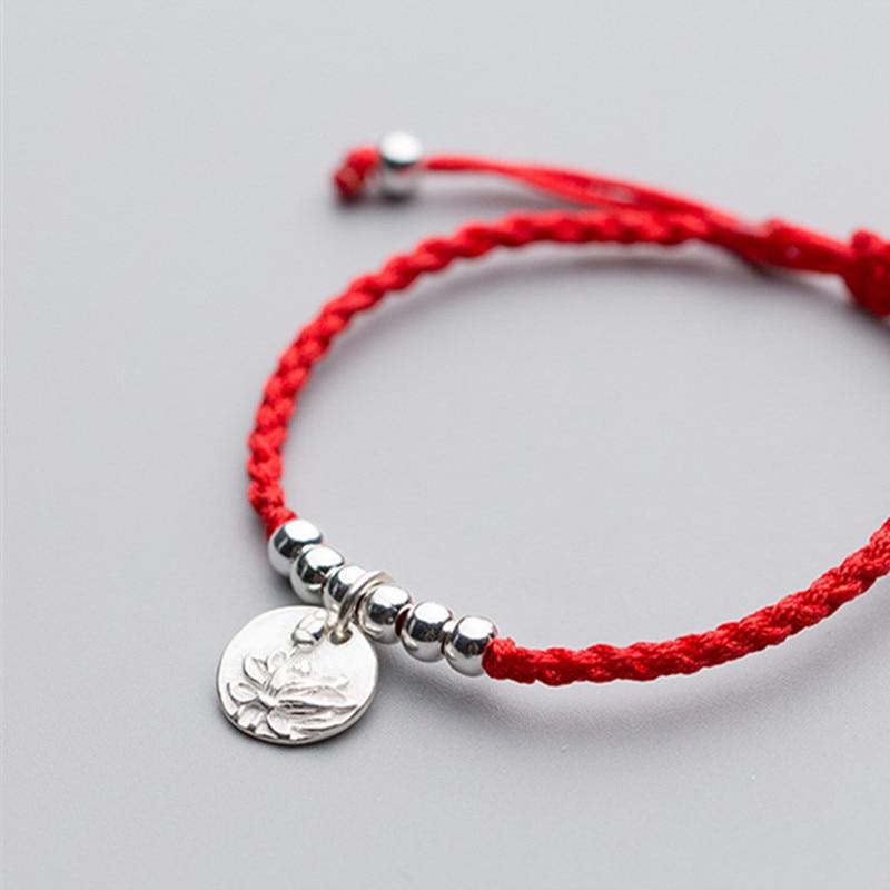 Sterling Silver LOTUS FLOWER 'PATIENCE'  Red Rope Bracelet