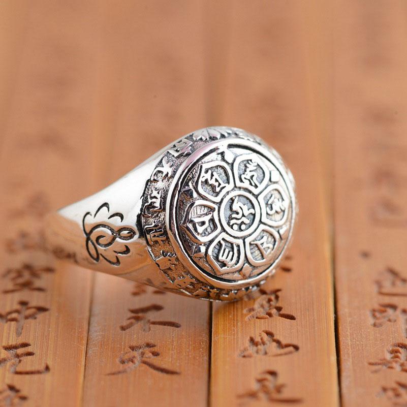 Solid 925 Silver 6 Syllable Lotus Mantra Signet Ring