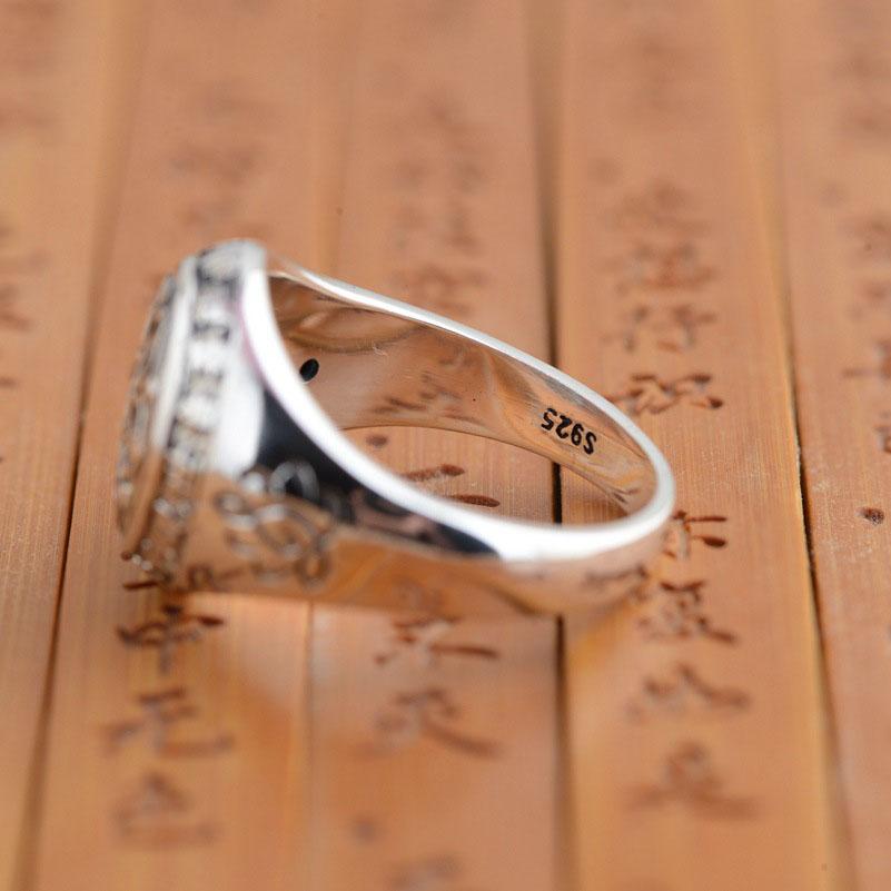 Solid 925 Silver 6 Syllable Lotus Mantra Signet Ring