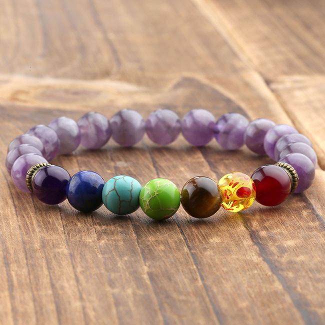 Purple Quartz Stone 7 Chakra Bracelet