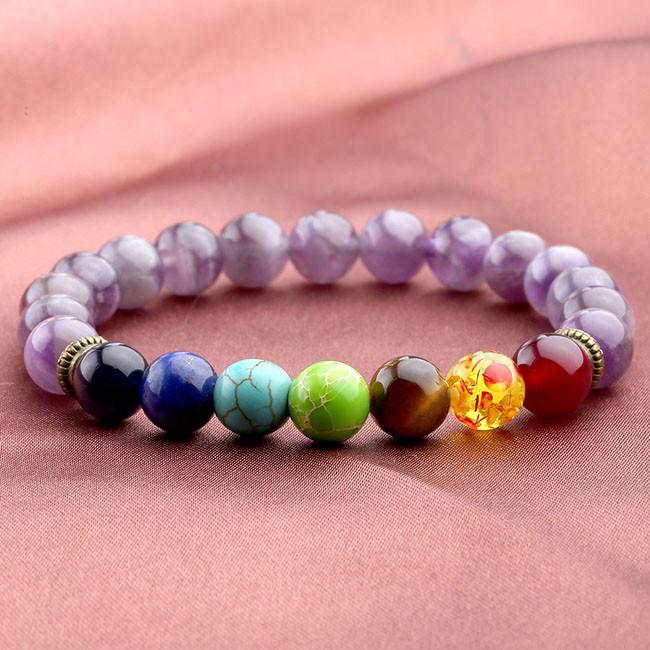 Purple Quartz Stone 7 Chakra Bracelet