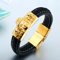 Thumbnail for Mens Leather & Steel Buddha Bracelet- Gold & Silver finishes