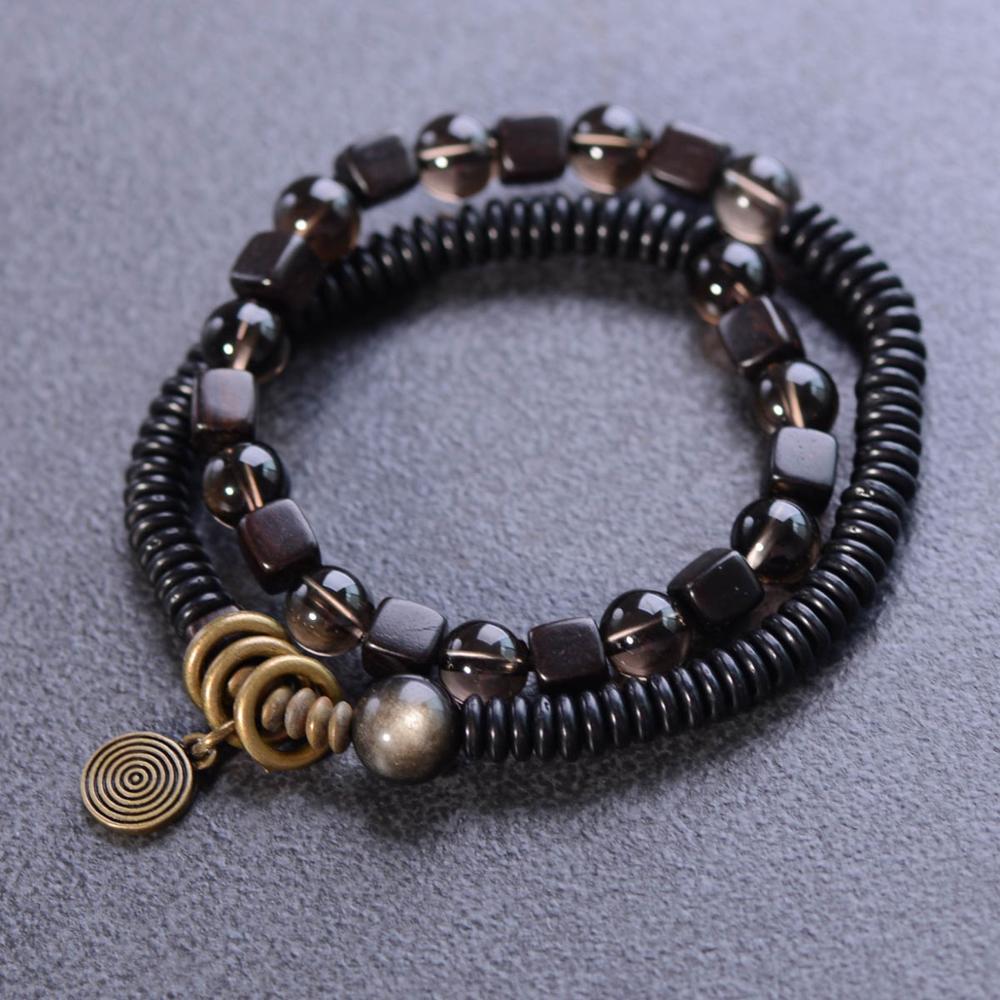 Ethnic Tibetan Coconut,Ebony Wood & Smoky Citrine DETOXIFYING Dual Layer Bracelet