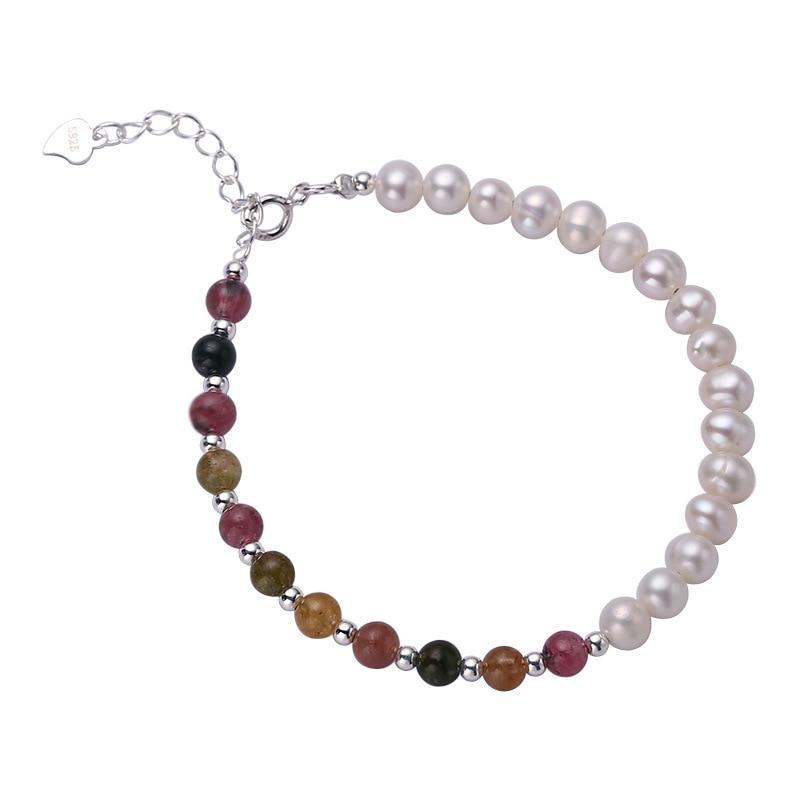 Natural Tourmaline & Freshwater Pearls Sterling Silver Bracelet