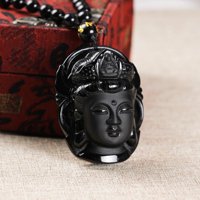 Handcrafted Obsidian Guanyin Buddha Pendant Necklace