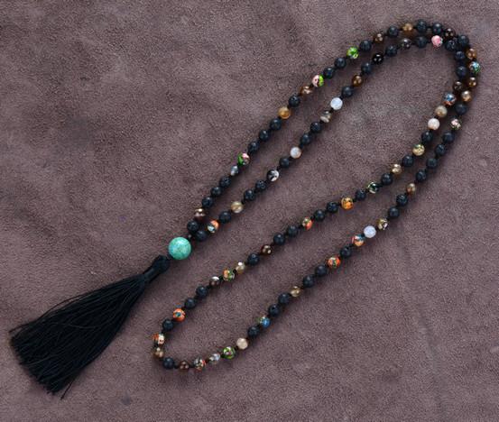 6MM Lava Stone  and Onyx Beaded Tassel Necklace