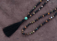 Thumbnail for 6MM Lava Stone  and Onyx Beaded Tassel Necklace