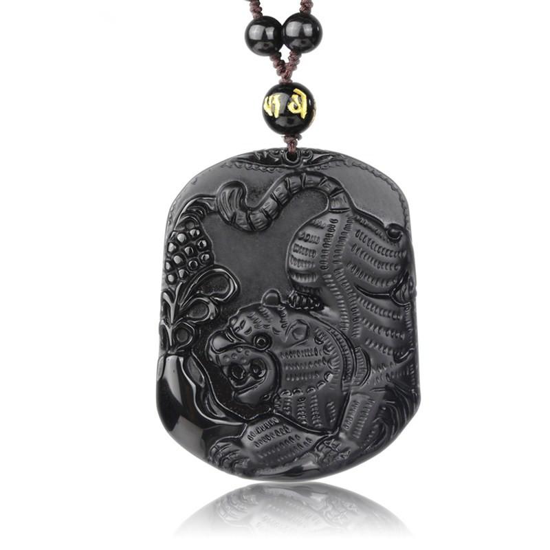 Natural Black Obsidian Carved Chinese Tiger Lucky Amulet Pendant