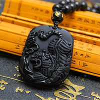 Thumbnail for Natural Black Obsidian Carved Chinese Tiger Lucky Amulet Pendant