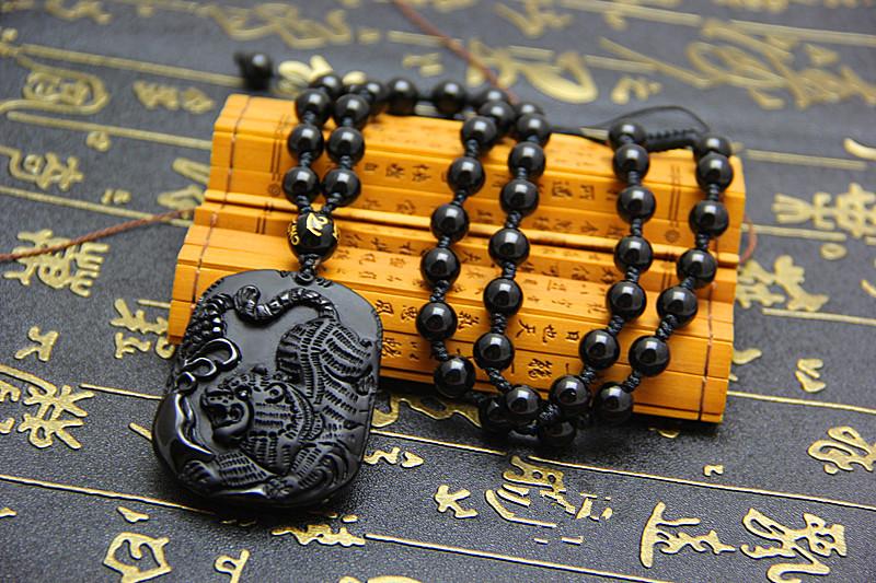 Natural Black Obsidian Carved Chinese Tiger Lucky Amulet Pendant