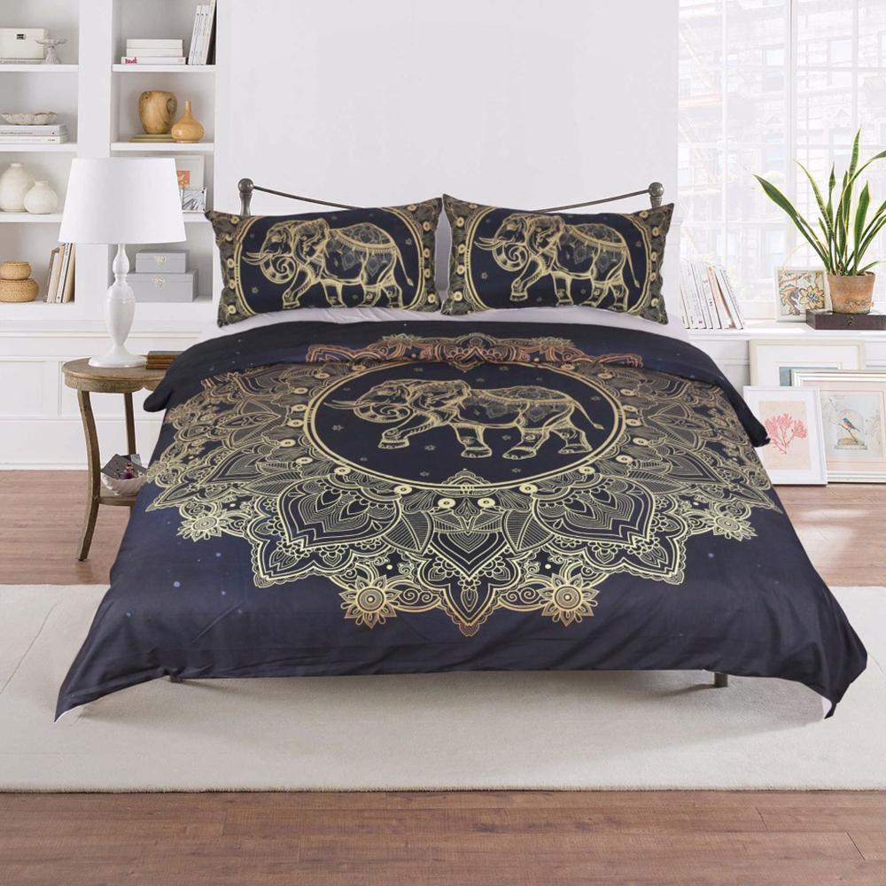 3PCS SET  Bohemian Elephant Mandala Flowers DUVET COVER WITH PILLOWCASE COVERS