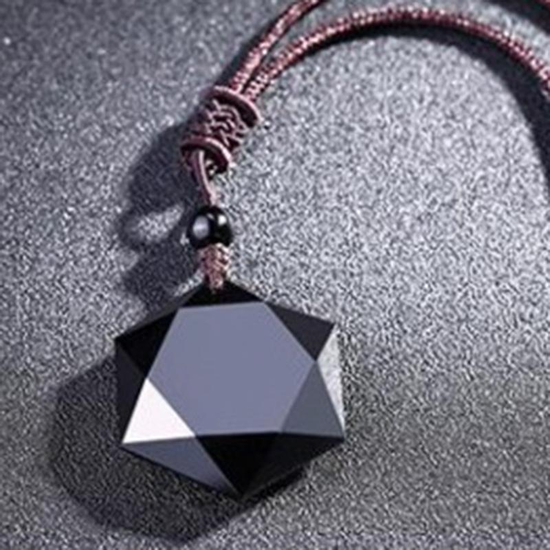 Black Obsidian Cubic Hexagram NO NEGATIVITY Pendant Necklace