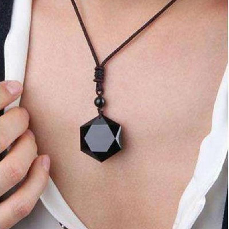 Black Obsidian Cubic Hexagram NO NEGATIVITY Pendant Necklace