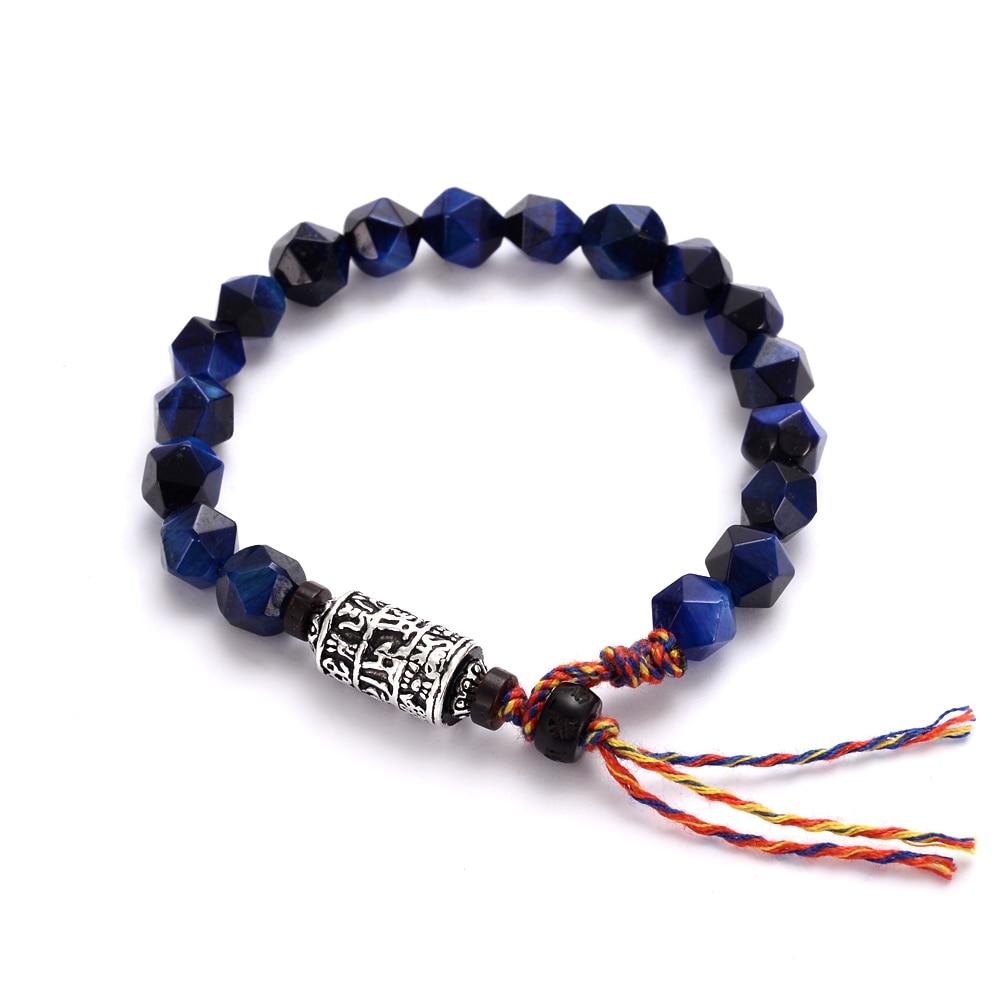 Ethnic Tibetan Faceted Blue Tiger Eye Stone SIX TRUE WORDS MANTRA Bracelet