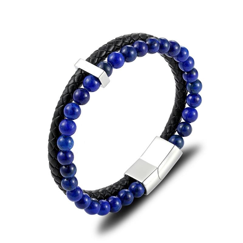 Leather & Natural Stones Lapis,Wood Jasper & Onyx  ENERGY BOOST  Mens Bracelet