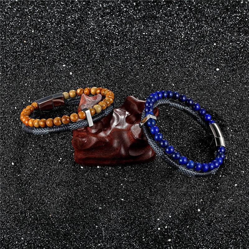 Leather & Natural Stones Lapis,Wood Jasper & Onyx  ENERGY BOOST  Mens Bracelet