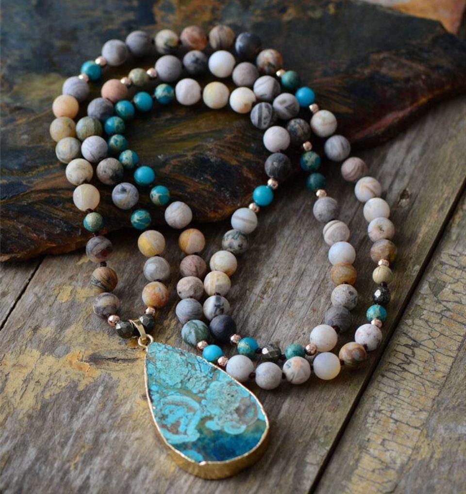 'TEARS of the OCEAN'-Jasper Stone 33" Sweater Pendant Necklace- IN STOCK USA!