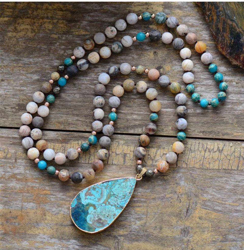 'TEARS of the OCEAN'-Jasper Stone 33" Sweater Pendant Necklace- IN STOCK USA!