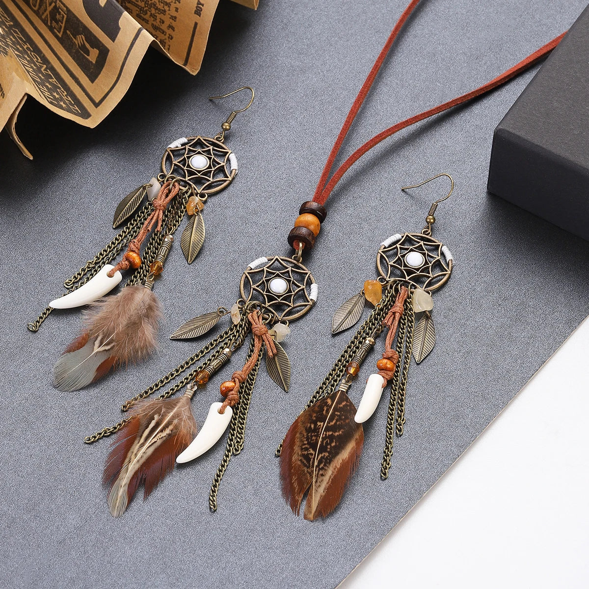 Boho Dreamcatcher Feather Pendant Necklace & Earrings