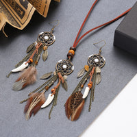 Thumbnail for Boho Dreamcatcher Feather Pendant Necklace & Earrings