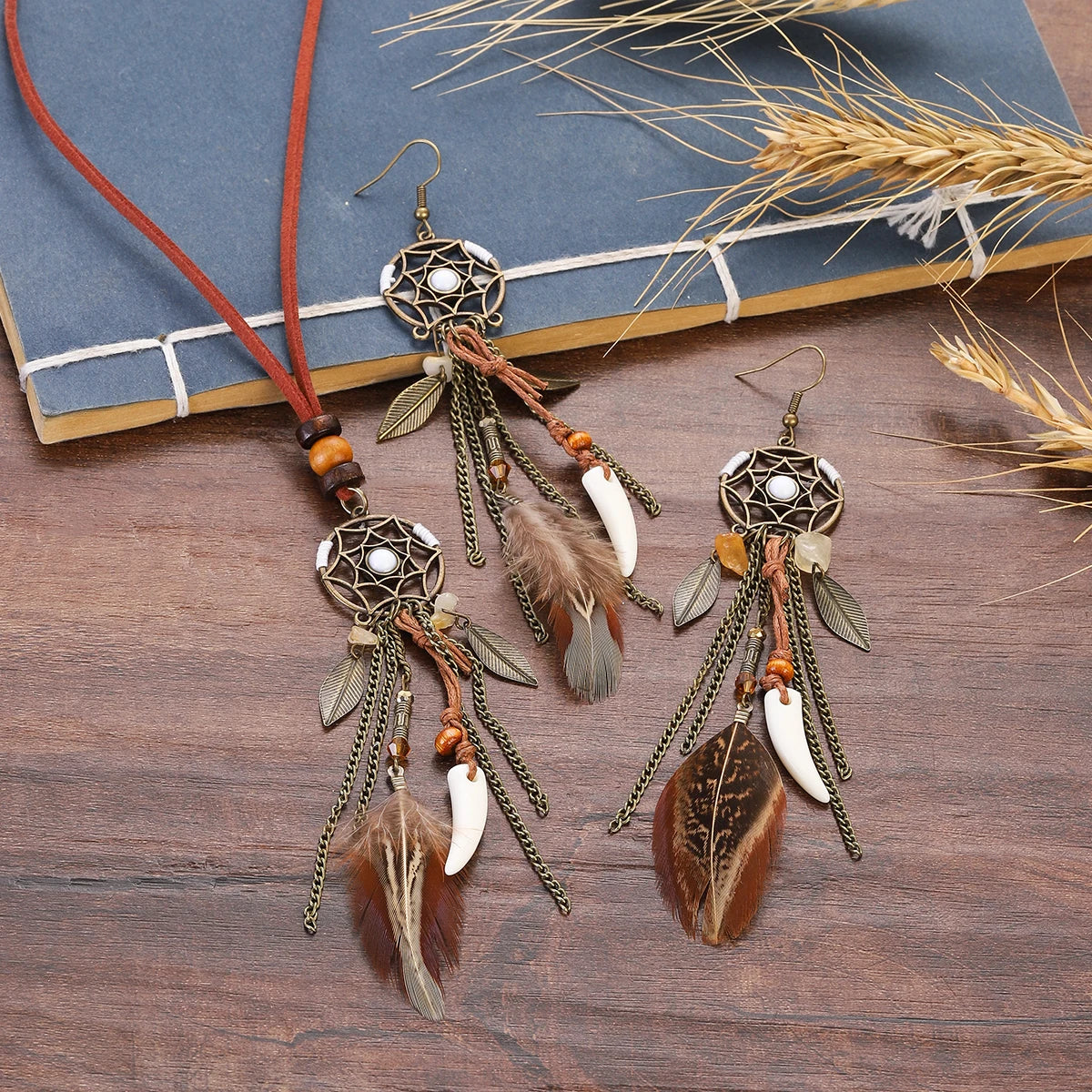 Boho Dreamcatcher Feather Pendant Necklace & Earrings