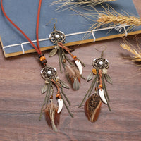 Thumbnail for Boho Dreamcatcher Feather Pendant Necklace & Earrings