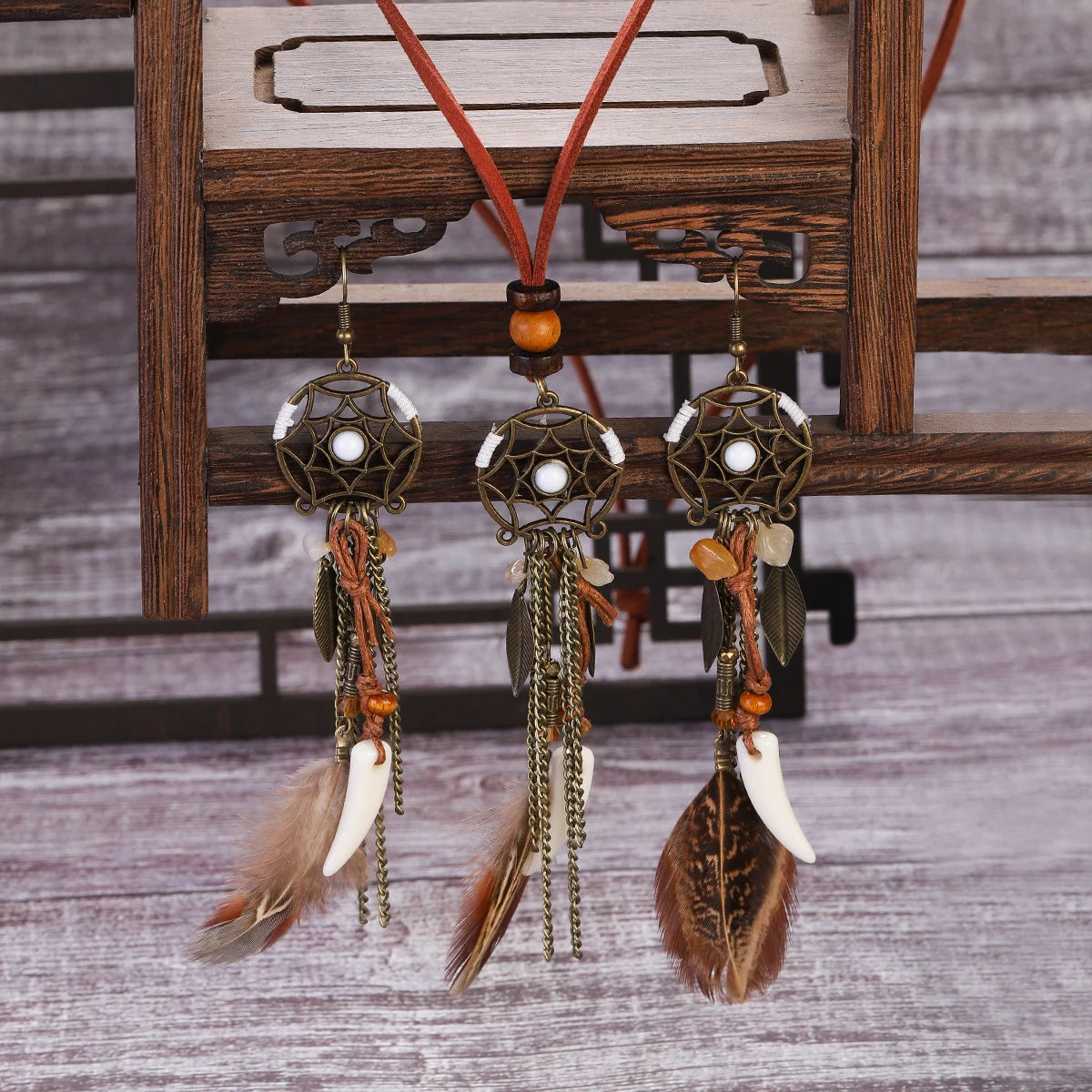 Boho Dreamcatcher Feather Pendant Necklace & Earrings