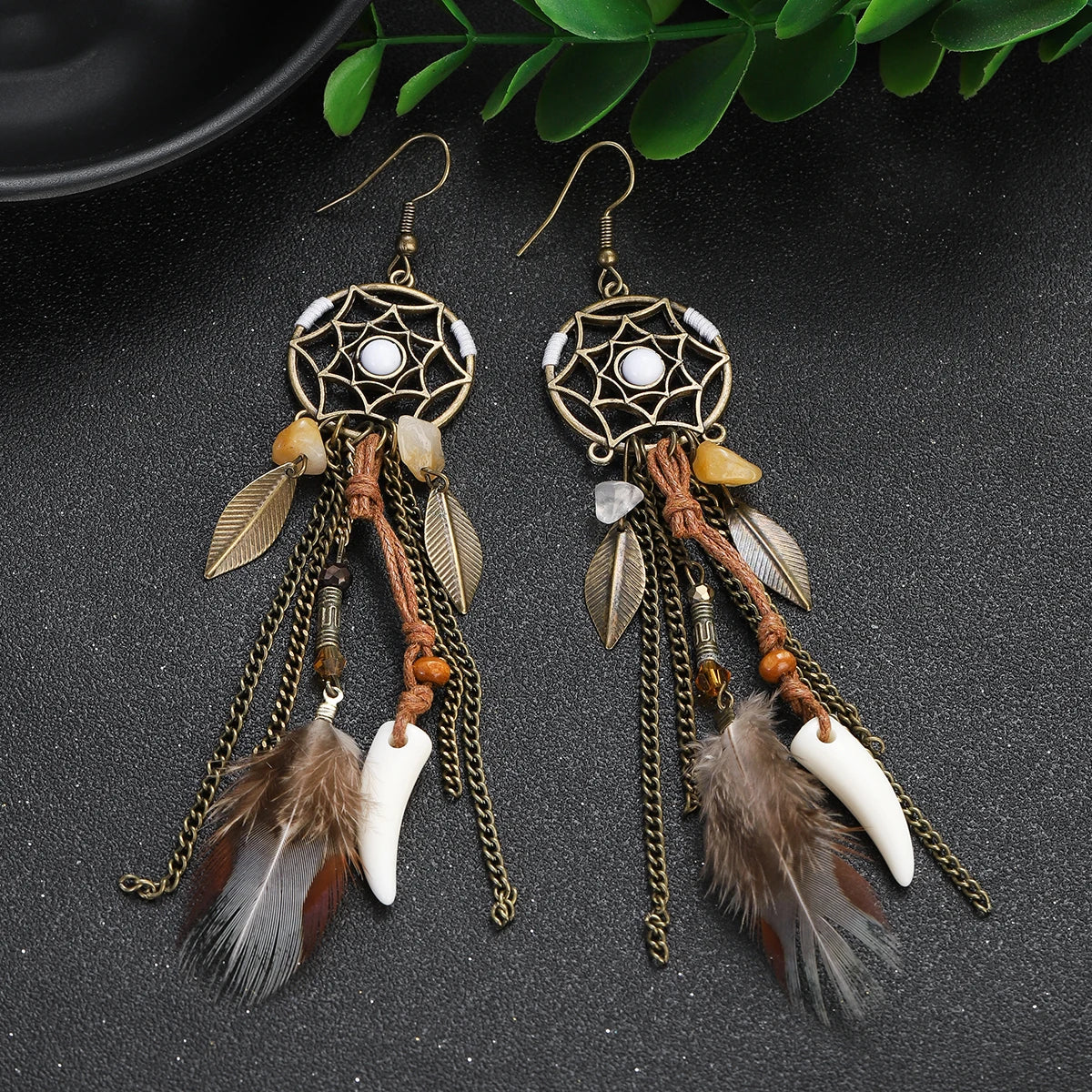 Boho Dreamcatcher Feather Pendant Necklace & Earrings