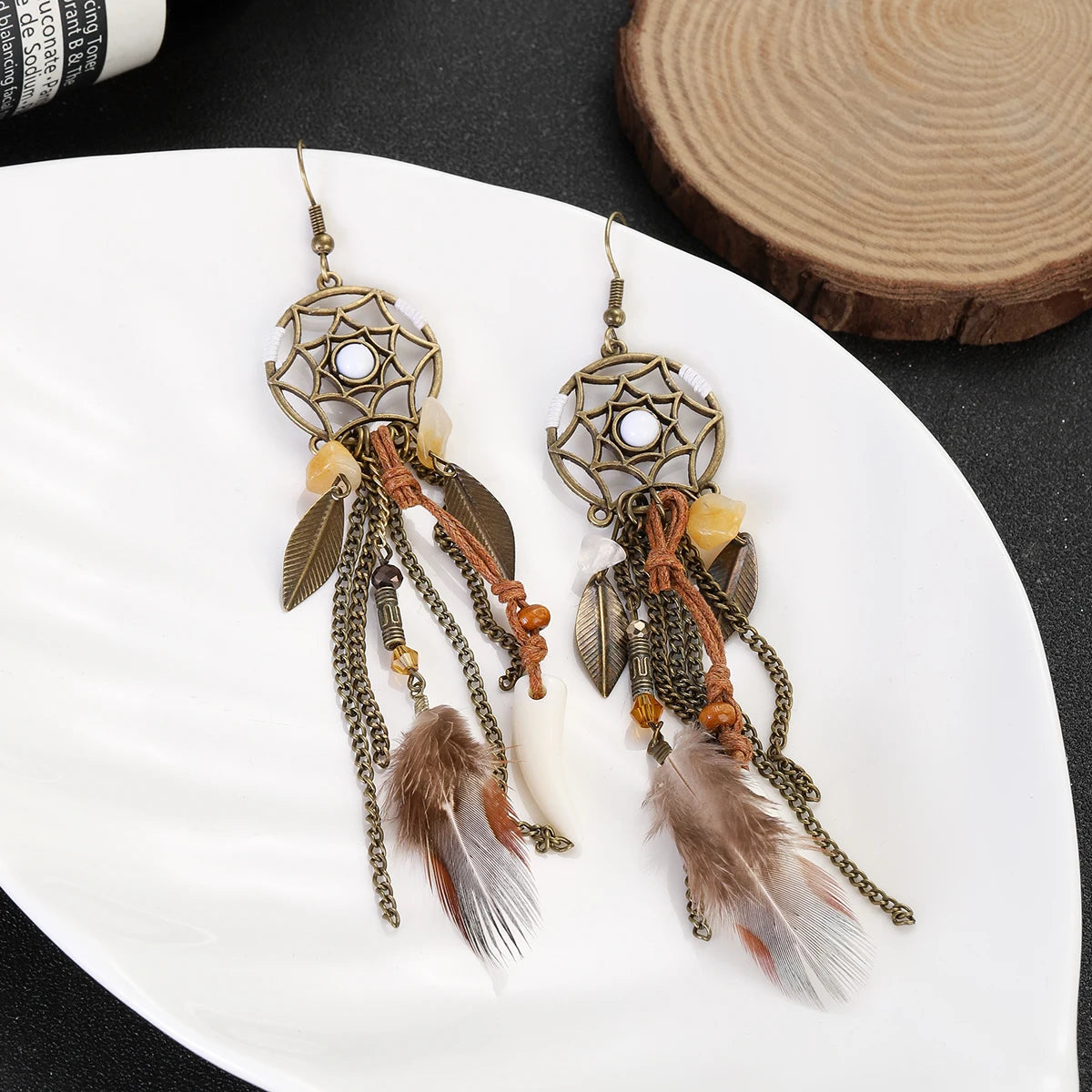 Boho Dreamcatcher Feather Pendant Necklace & Earrings