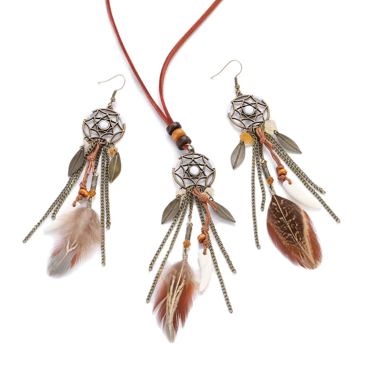 Boho Dreamcatcher Feather Pendant Necklace & Earrings