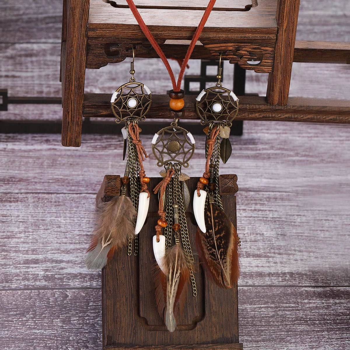 Boho Dreamcatcher Feather Pendant Necklace & Earrings