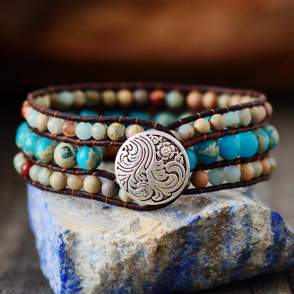 Boho Chic Jasper Stone Triple-Layer Wrap Bracelet