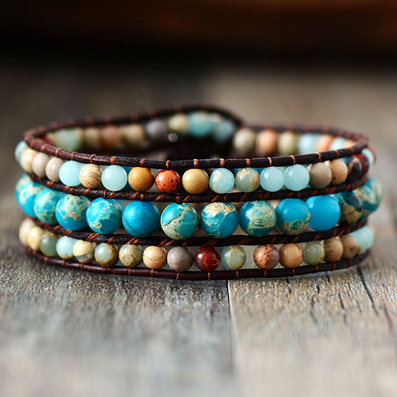 Boho Chic Jasper Stone Triple-Layer Wrap Bracelet