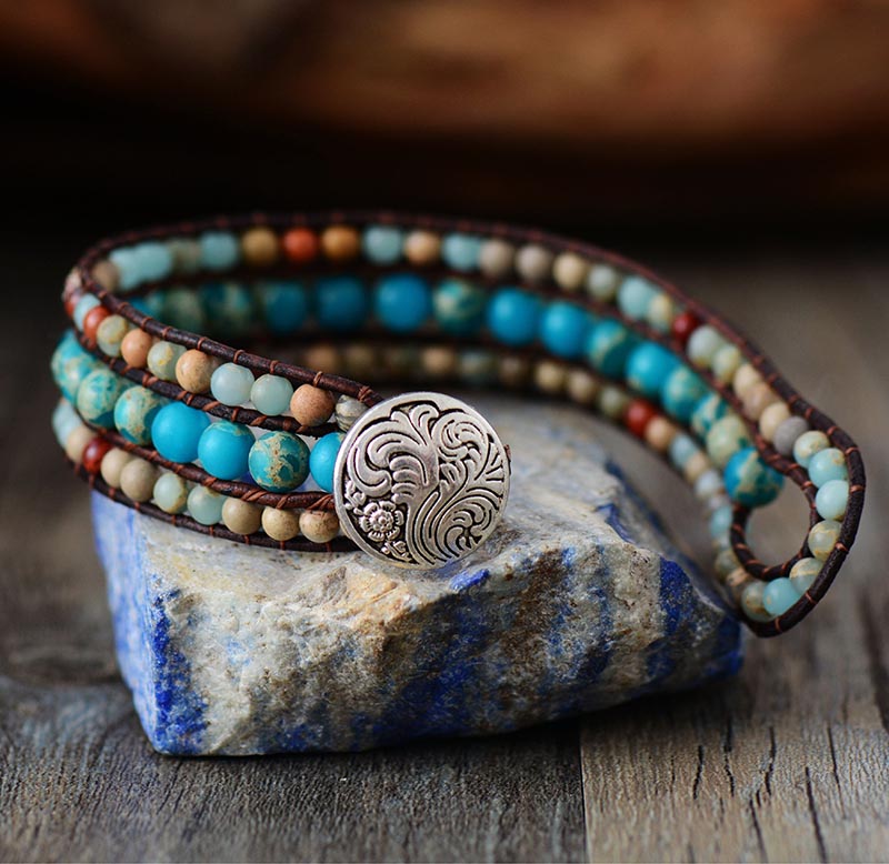 Boho Chic Jasper Stone Triple-Layer Wrap Bracelet