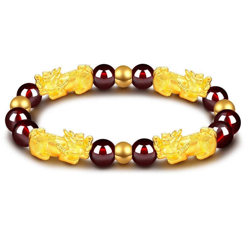 24K Gold Plated PIXIU /APPLE / FLOWER Accents & Genuine GARNETS Wealth / Peace Bracelet