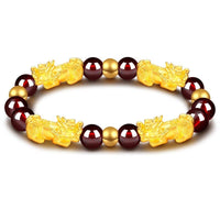 Thumbnail for 24K Gold Plated PIXIU /APPLE / FLOWER Accents & Genuine GARNETS Wealth / Peace Bracelet